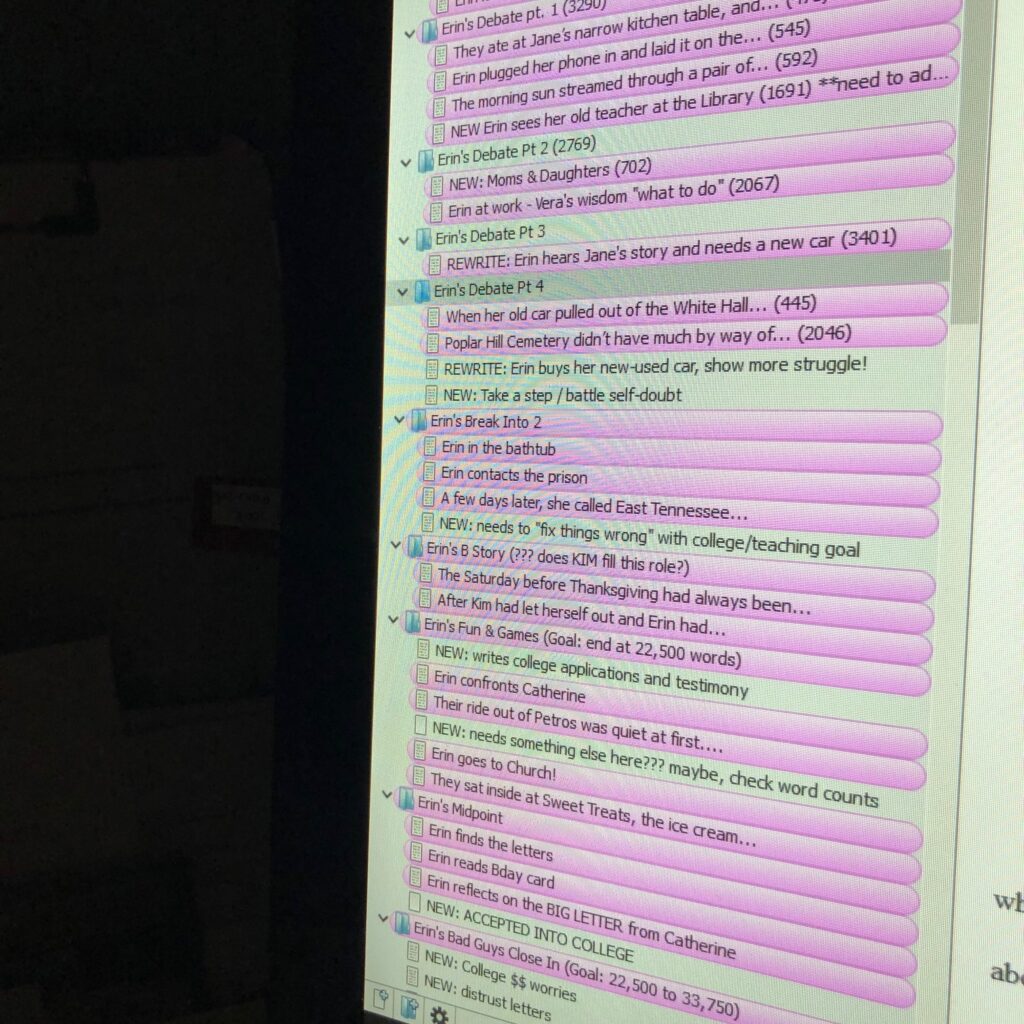 Scrivener software is shown with a list of scene descriptions, some highlighted in pink.