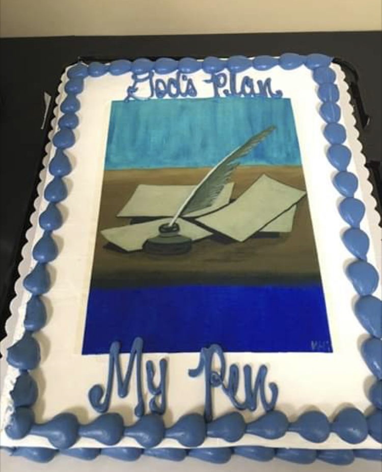 Cake displaying "God's Plan, My Pen" at MidSouth Christian Writers' Conference