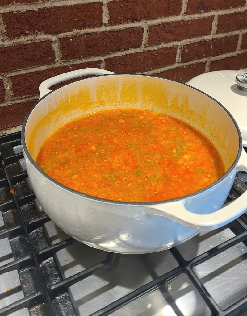 My new Lodge cast iron soup pot filled with veggie soup and ready for Sunday rest.