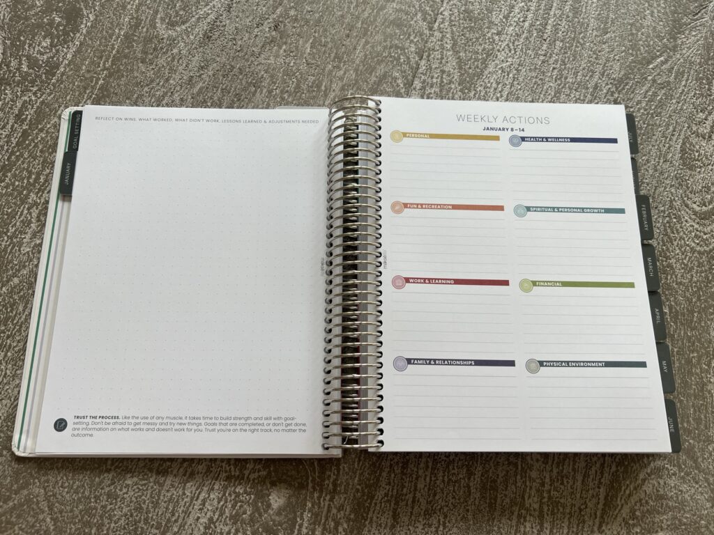 Weekly Reflections and Weekly Actions layout.
2024 Makselife planner review.