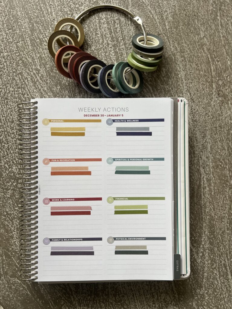 Strips of washi tape on a weekly actions page for color comparison.
